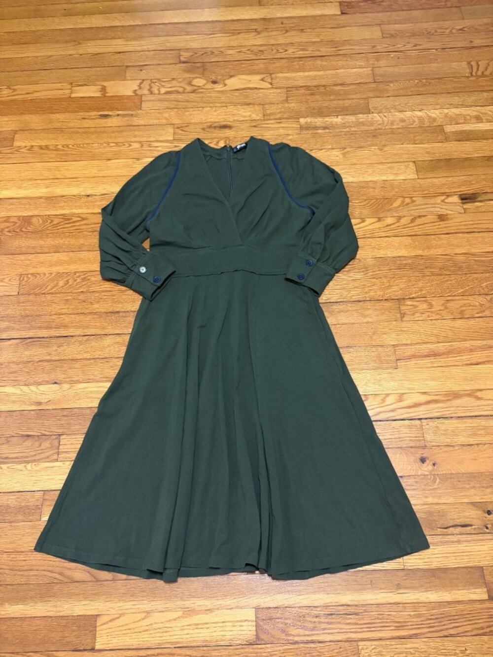 eShakti Womens Dress Size 2 Green Stretch Cotton V-Neck Long Sleeve Fit Flare